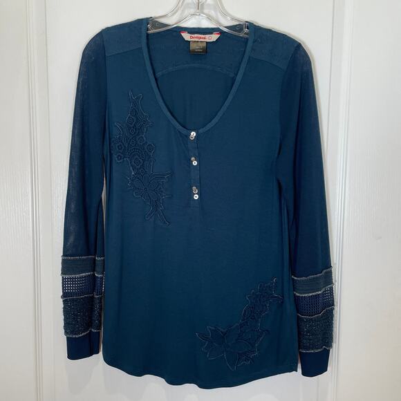 Desigual Henley Top w/ Floral Crochet Netting Tinsel Dark Teal Blue L - Picture 1 of 7